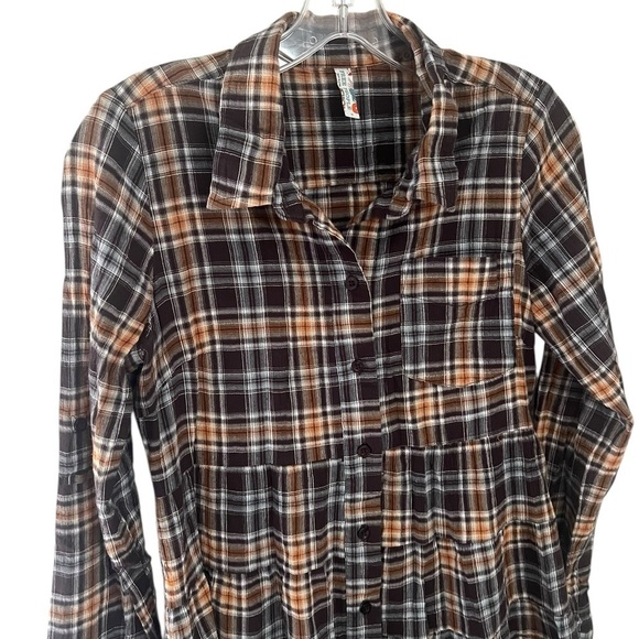 Free People Plaid Button Down Long Top Shirt Peplum Hem Lightweight Small - Picture 4 of 8